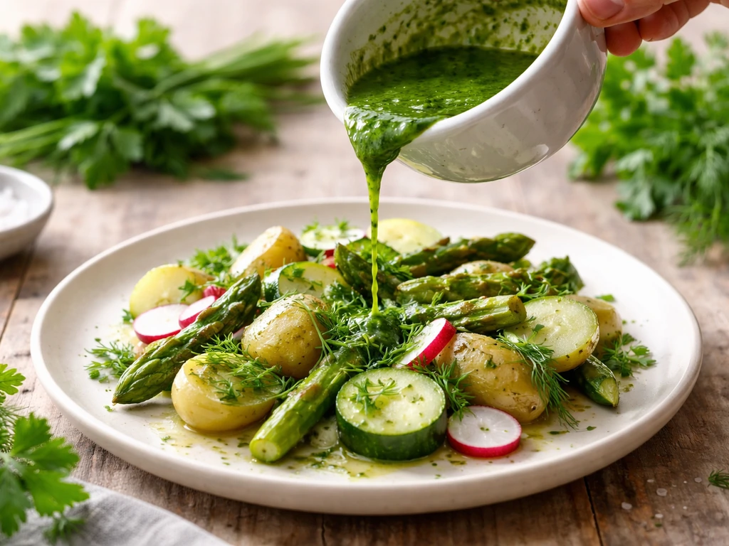 Sauce au herbe verte maison versée sur un plat froid, herbes fraîches du potager visibles sur une table.
