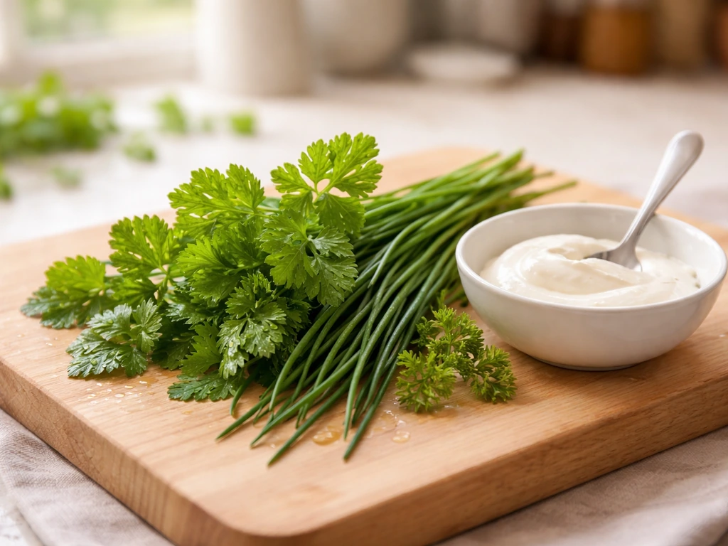 Herbes fraîches du potager (persil plat, ciboulette, cerfeuil) sur une planche, avec ingrédients de sauce à côté.