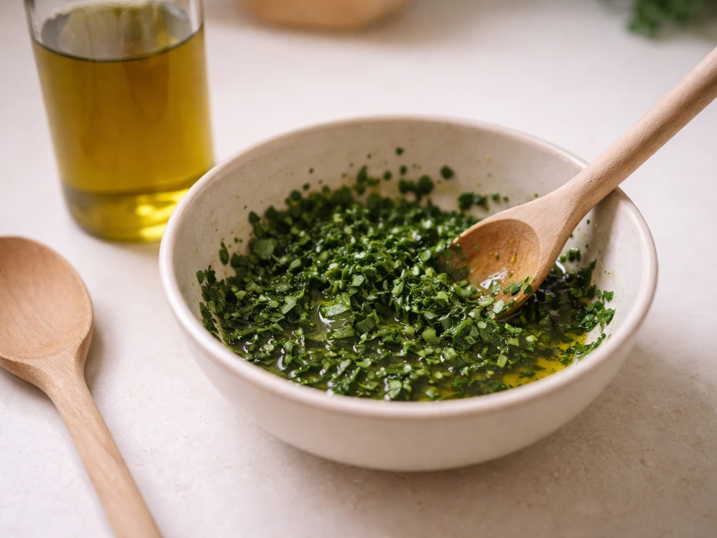 Herbes fraîches bien essorées mélangées à de l’huile d’olive dans un bol, début d’une sauce froide homogène.