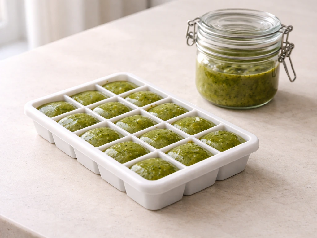 Boîte à glaçons remplie de sauce au herbe verte, prête pour la congélation sur un plan de travail propre.