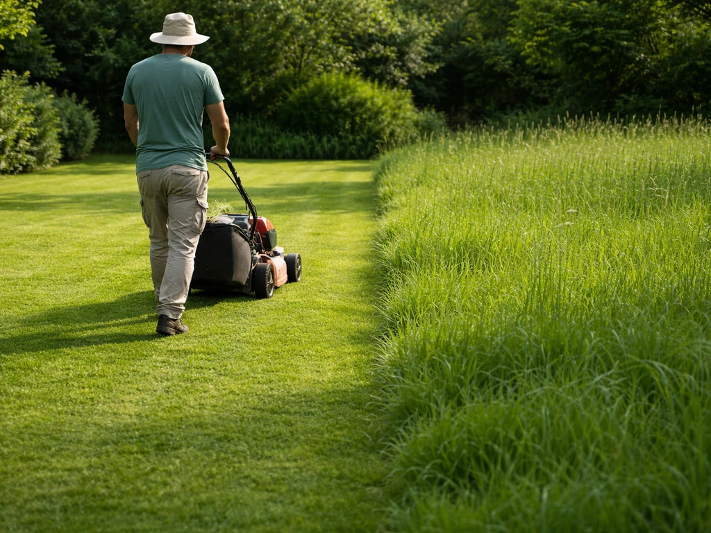 Tonte d’une pelouse courte à côté d’une zone d’herbe plus haute et envahie, jardin au printemps.