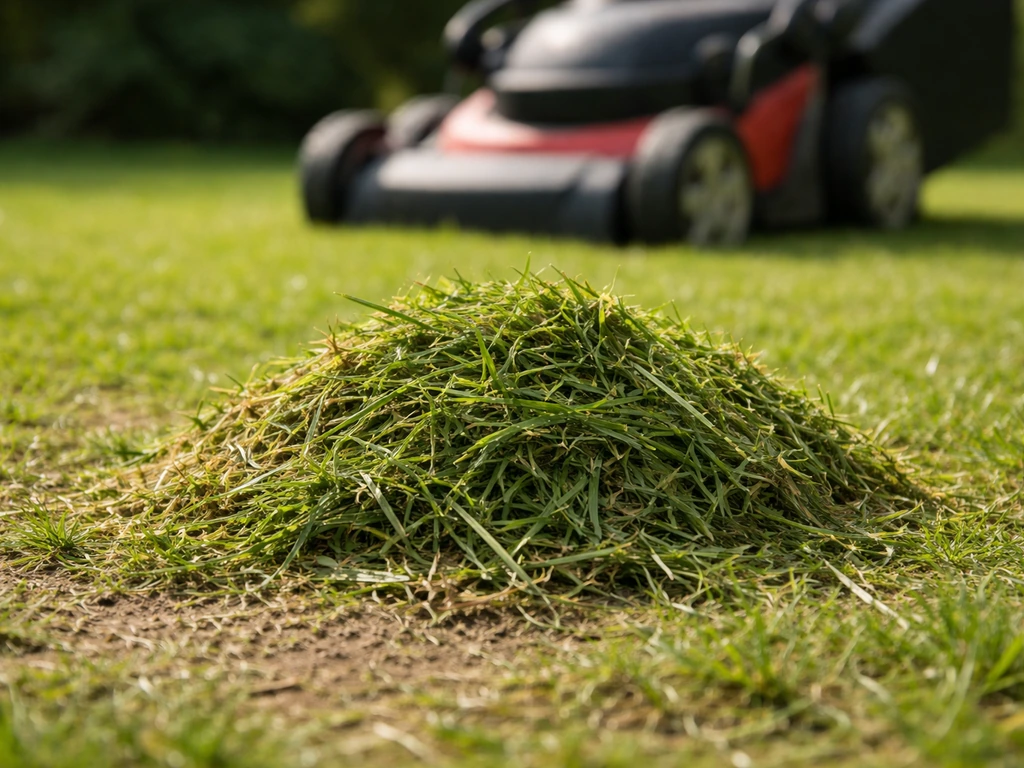 Tas d’herbe légèrement séchée au soleil, avant broyage avec une tondeuse floue en arrière-plan.