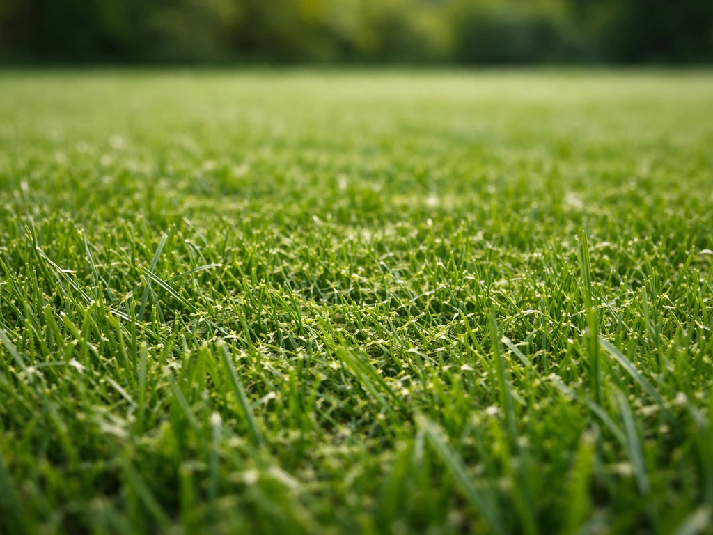 Gazon après mulching : fines particules entre les brins, surface propre et homogène.