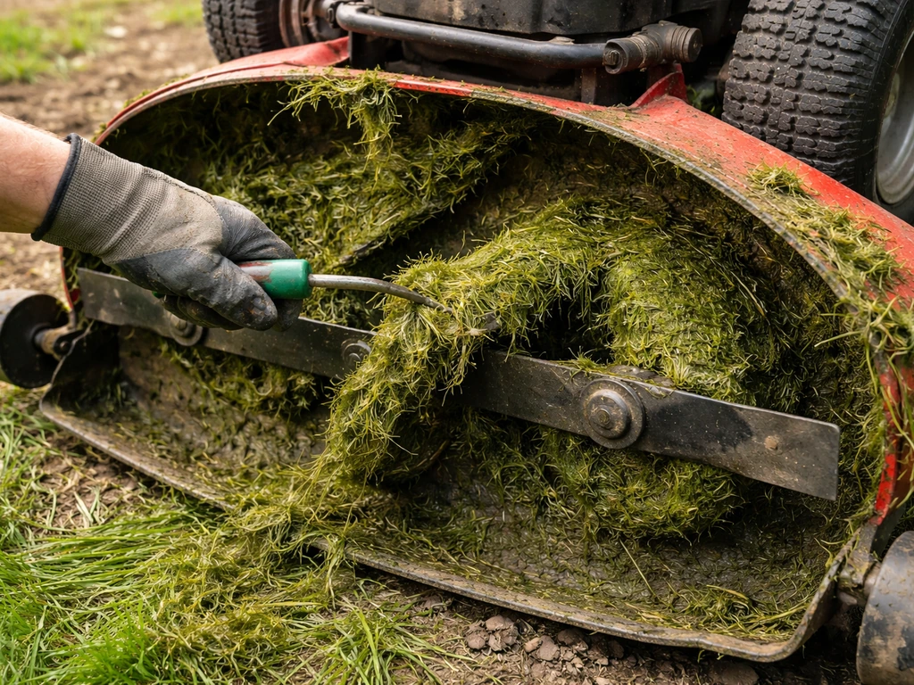 Bourrage d’herbe humide dans le carter d’une tondeuse, retrait en cours avec une main gantée.