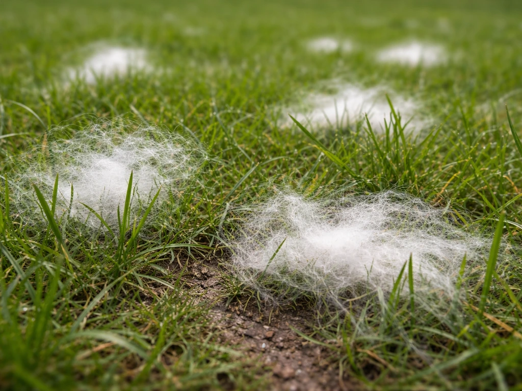 Pelouse avec zones visibles de coton en herbe blanc duveteux au ras de l’herbe.