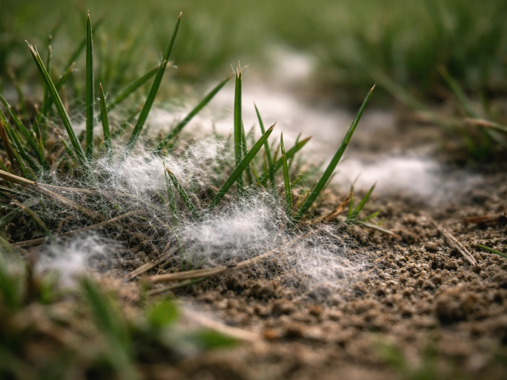 Gros plan sur une pelouse avec des filaments blancs duveteux au ras du sol entre les brins d’herbe.