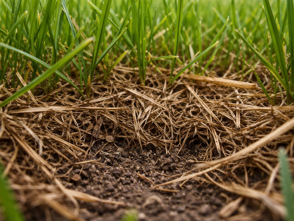 Gros plan sur l’herbe avec une couche compacte de chaume beige/brun sur sol compacté.