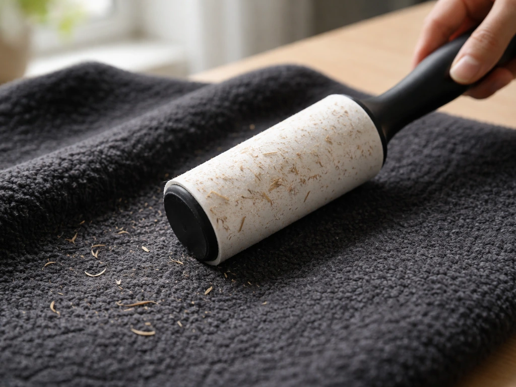 Rouleau adhésif nettoyant une polaire : le duvet végétal se retire du tissu bouclé.