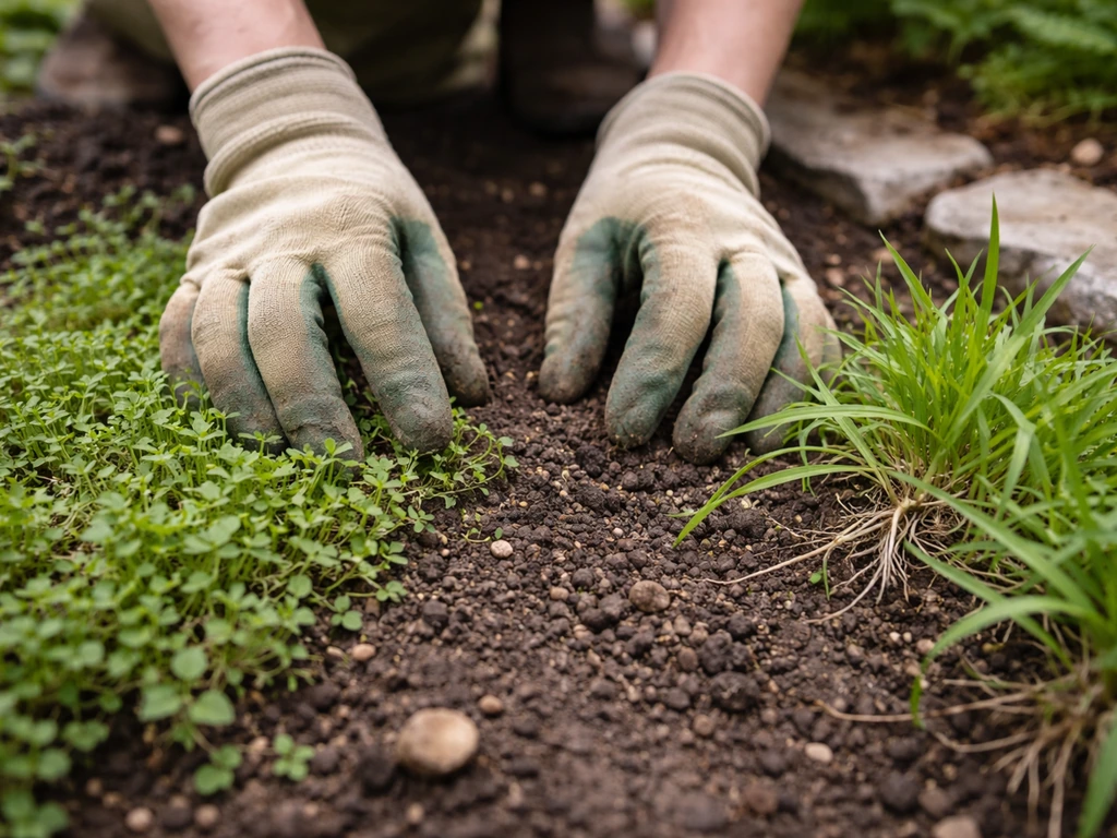 Mains gantées observant deux zones d’herbes dans un potager pour distinguer annuelles et vivaces.