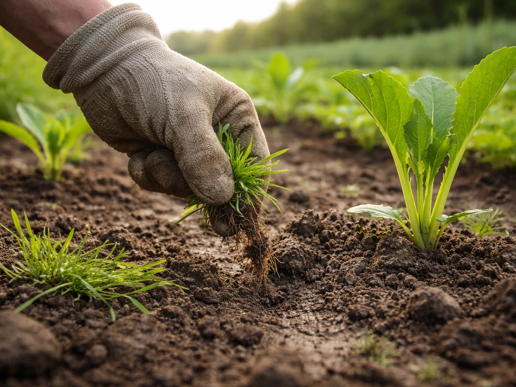 Gros plan sur une main tirant une mauvaise herbe par le collet pour extraire la racine au potager.