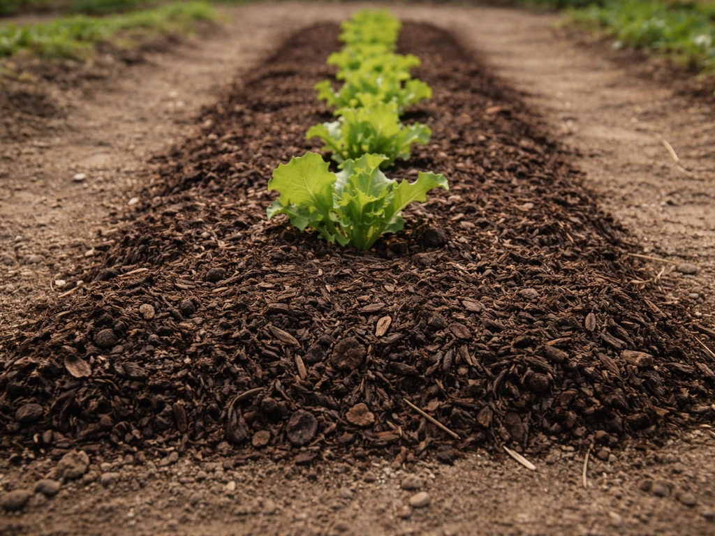 Allée de jardin avec paillage en couche épaisse de 5 à 10 cm sur sol désherbé, autour de plantes.
