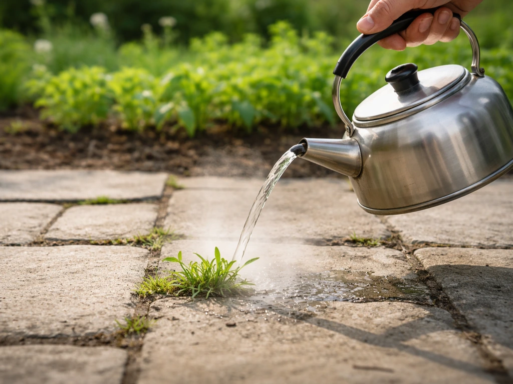 Eau bouillante versée avec précision entre des dalles pour brûler les herbes, près de jeunes plants protégés.