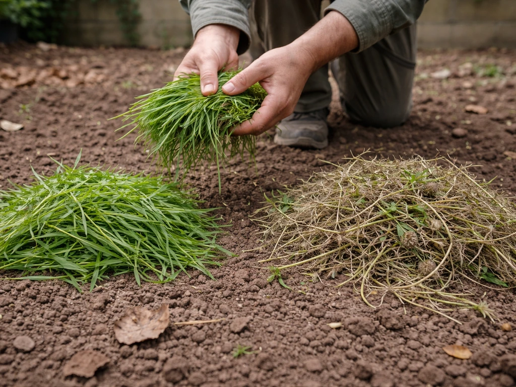 Herbes arrachées vertes séparées en deux tas, un pour compost, un pour paillage, sur sol de jardin.