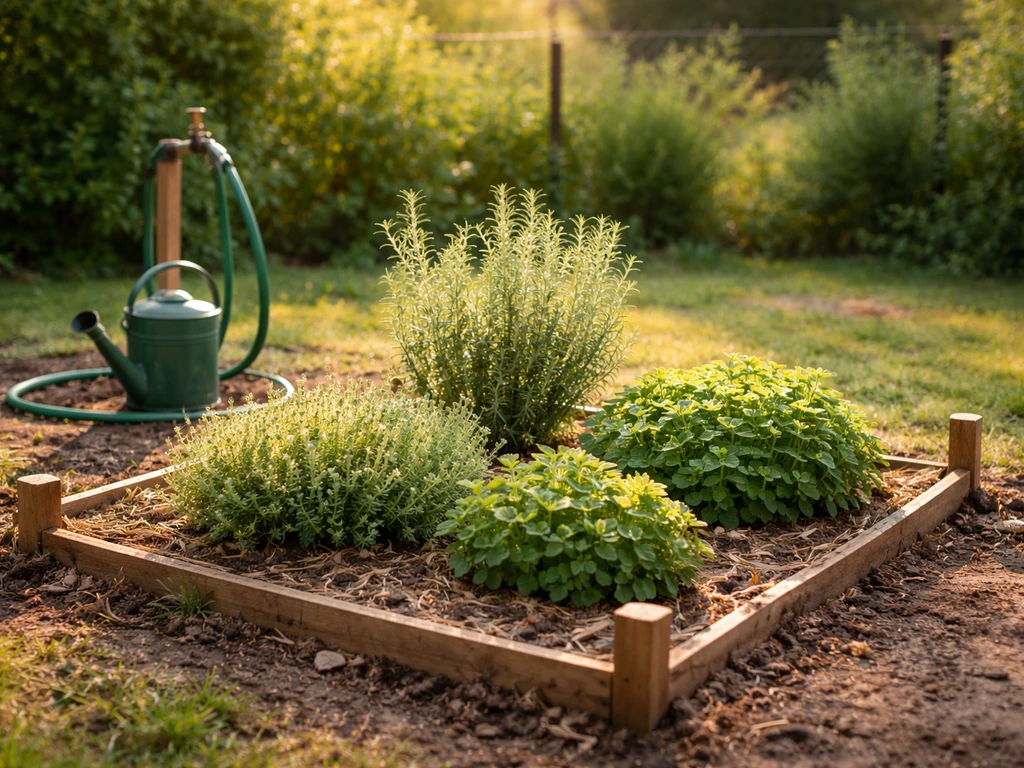 Carre de potager d’herbes en plein soleil, piquets aux coins et arrosoir près d’un point d’eau