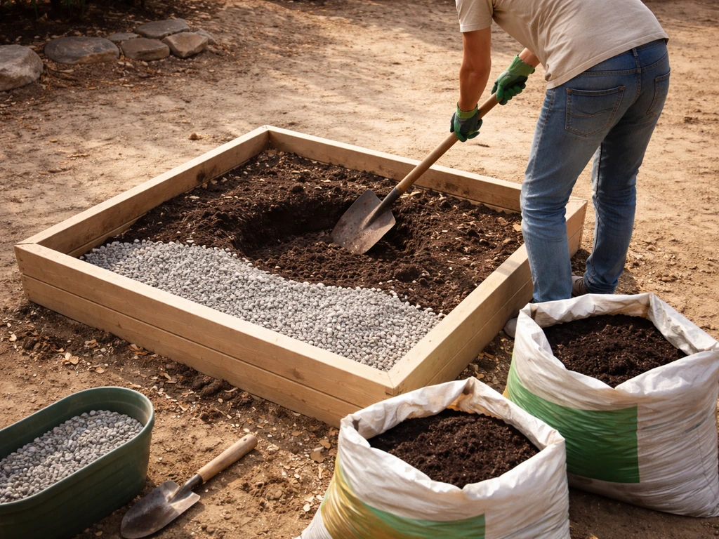 Gravillons de drainage au fond d’un bac de jardin, terre remise en forme, terreau préparé pour planter des herbes.