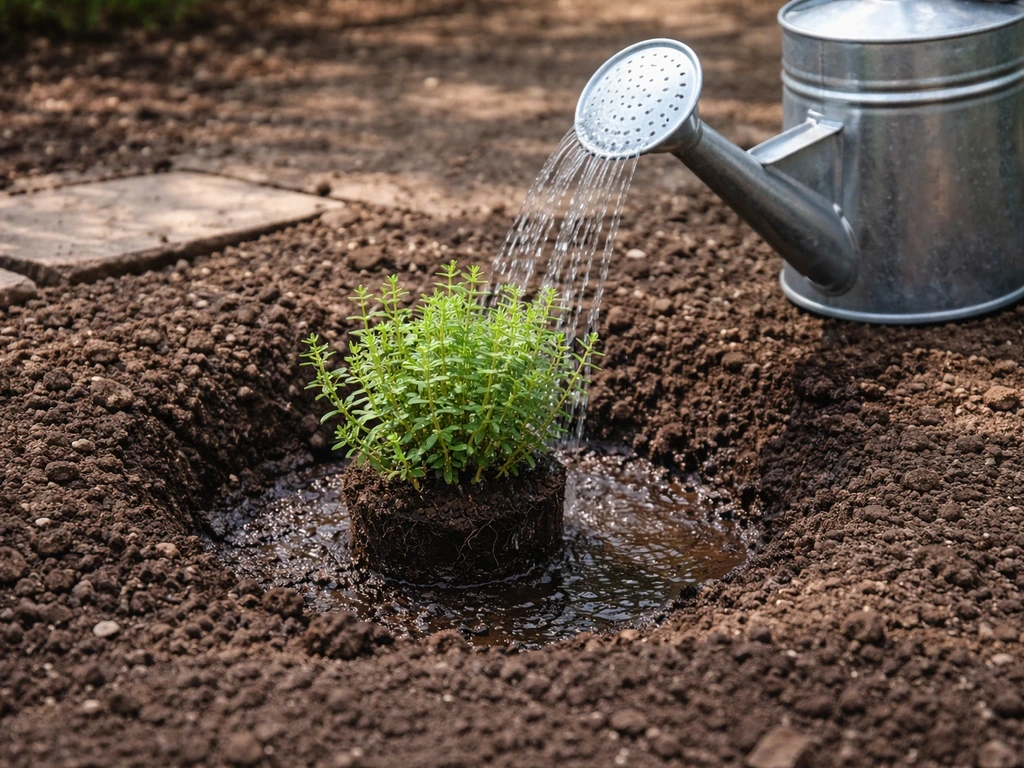 Jeune plant d’aromatique en motte installé au jardin, arrosage abondant juste après la plantation.