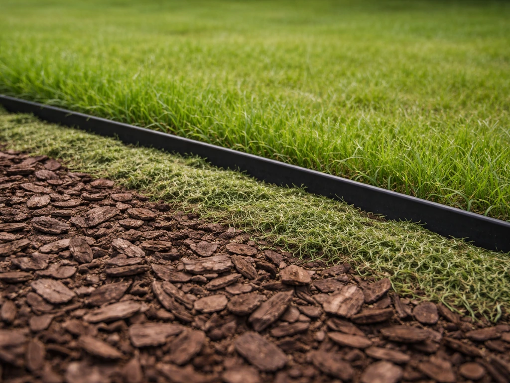 Carré de jardin bordé avec anti-racines, paillis d’écorce et tontes pour limiter l’herbe en périphérie.