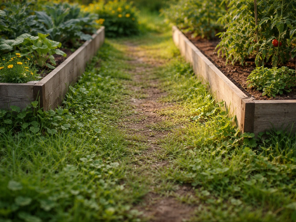 Allée enherbée entre des planches de potager, terre protégée et coin où l’on évite de tondre.