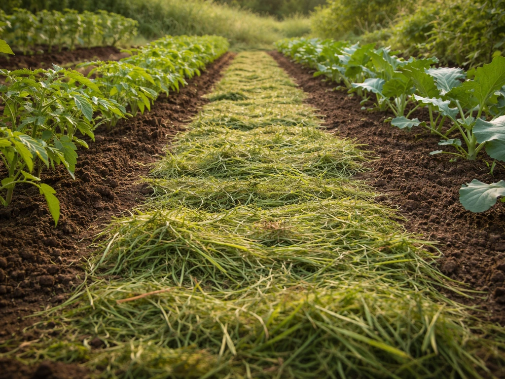 Couche d’herbe coupée étalée en paillage entre les rangs de légumes, jardin potager au soleil.