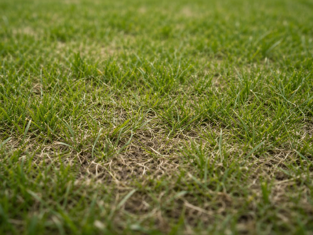 Gros plan d’une pelouse au printemps : herbe qui repousse vite et feutre brun-gris entre les brins.
