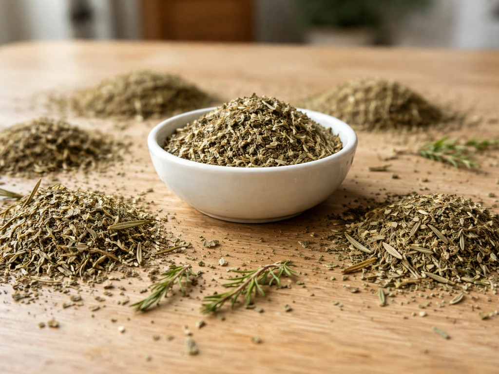 Bol de mélange d’herbes de Provence et brins de thym, romarin et origan sur une table en bois.