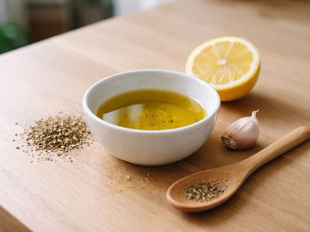 Bol avec huile d’olive et herbes de Provence, ail écrasé et citron pour préparer une huile aromatisée.