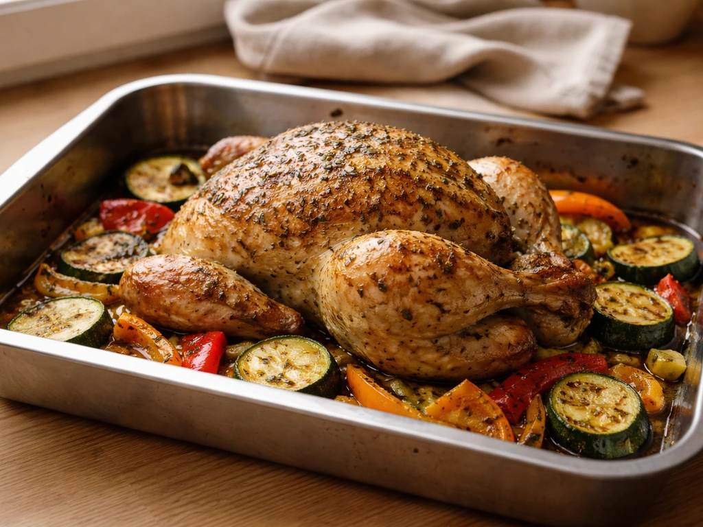 Plat de poulet rôti aux herbes de Provence prêt à enfourner, badigeonné d’huile, herbes visibles