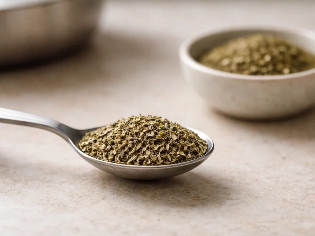Cuillère à soupe rase d’herbes de Provence sur plan de travail, près d’un petit bol d’herbes, ambiance cuisine.