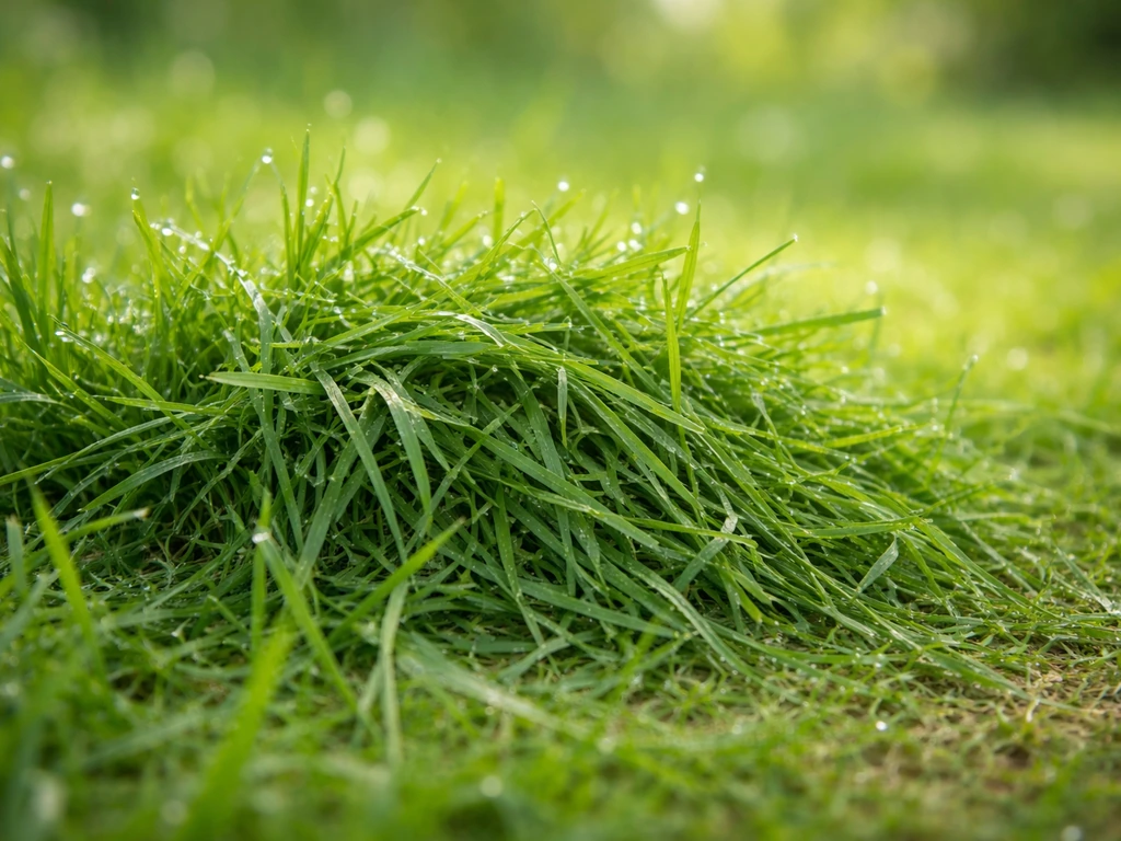 Gros plan d’herbe fraîchement coupée avec gouttelettes, texture vive au printemps, sans animal ni texte.