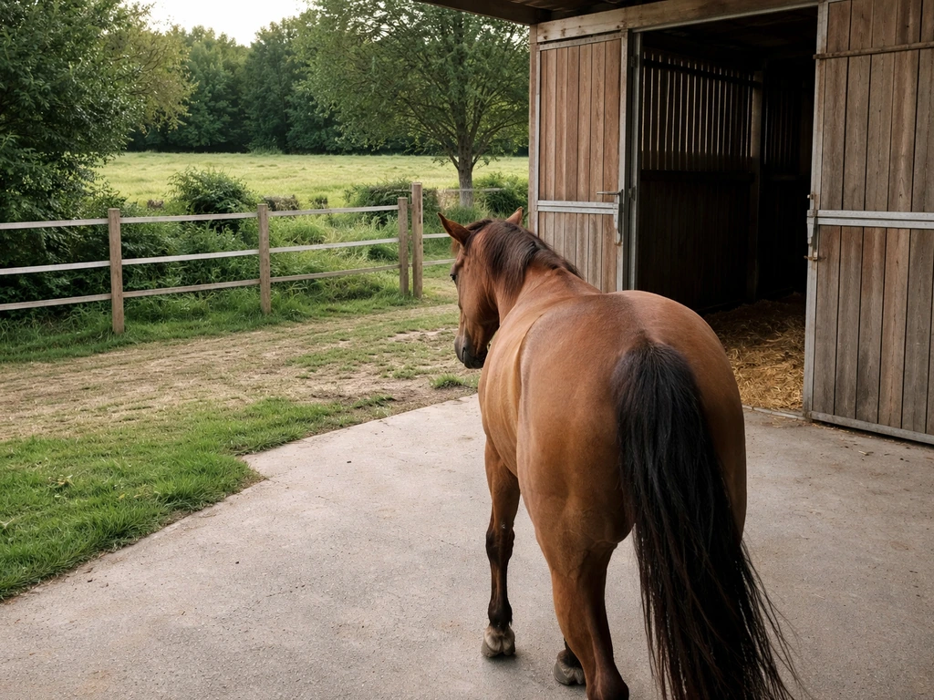 Cheval sorti de la parcelle tondue vers un box calme, herbe coupée hors d’accès en arrière-plan.