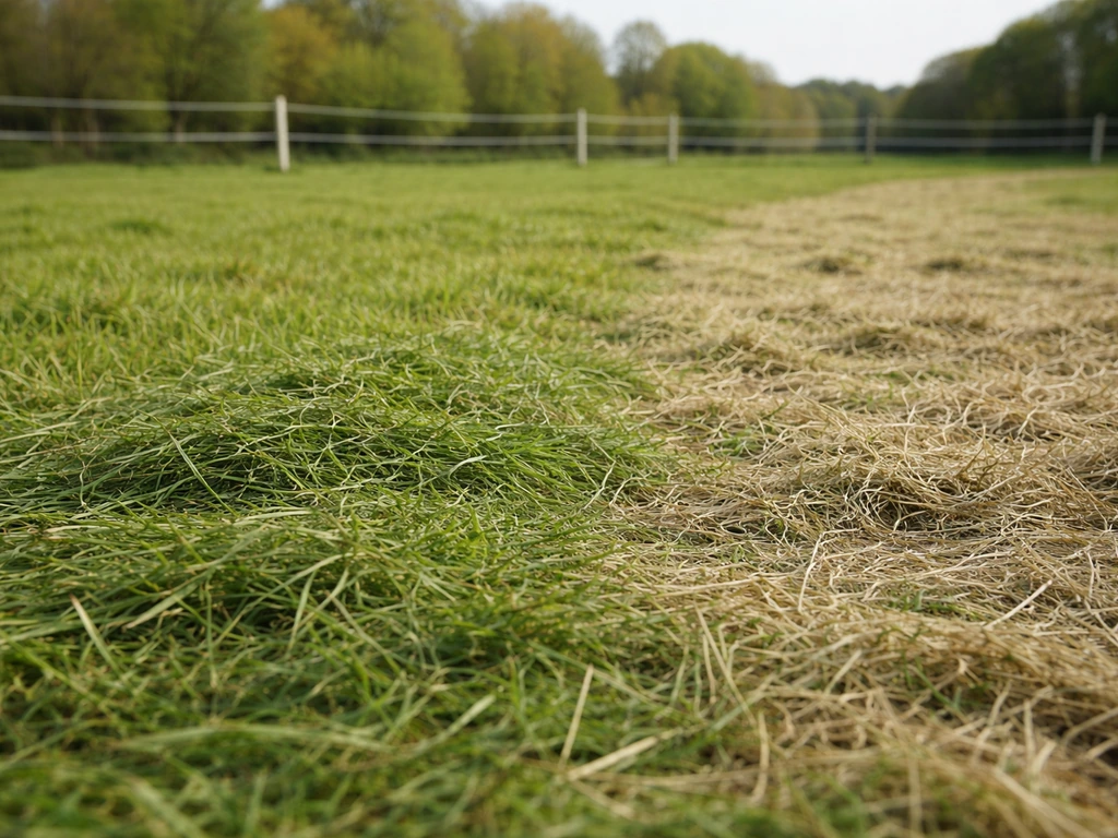 Herbe fraîchement coupée verte à côté d’herbe fanée/séchée dans une pâture, transition progressive visuellement.