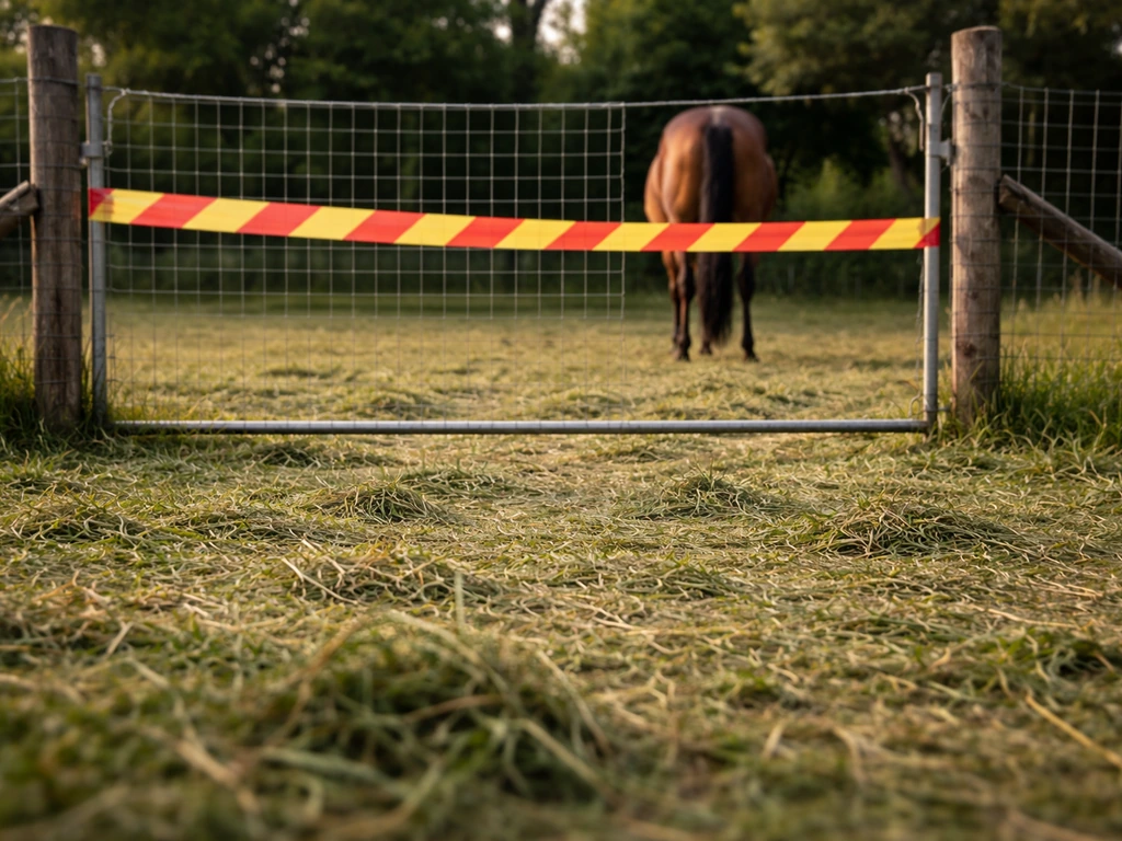 Parcelle clôturée après tonte, accès bloqué empêchant un cheval d’atteindre l’herbe coupée.