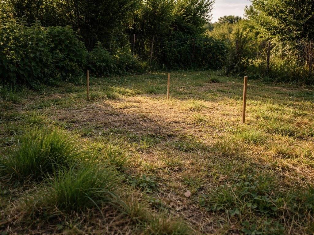 Herbe tondue dans un jardin, zone ensoleillée délimitée par quelques piquets en bois, sans personne.