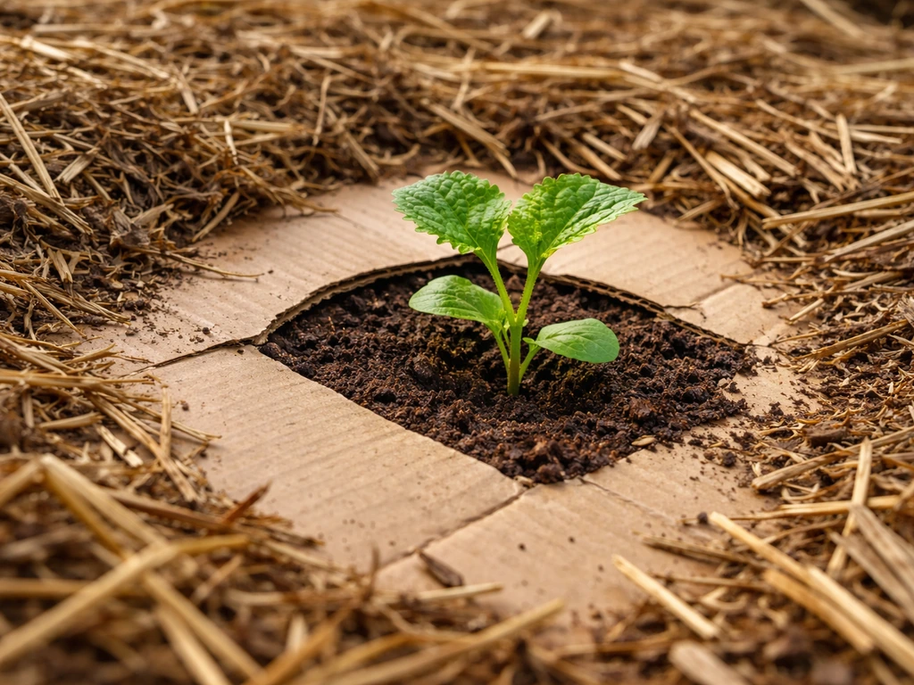 Jeune plant inséré dans une ouverture du carton et paillage no-dig, sol de surface à nu.