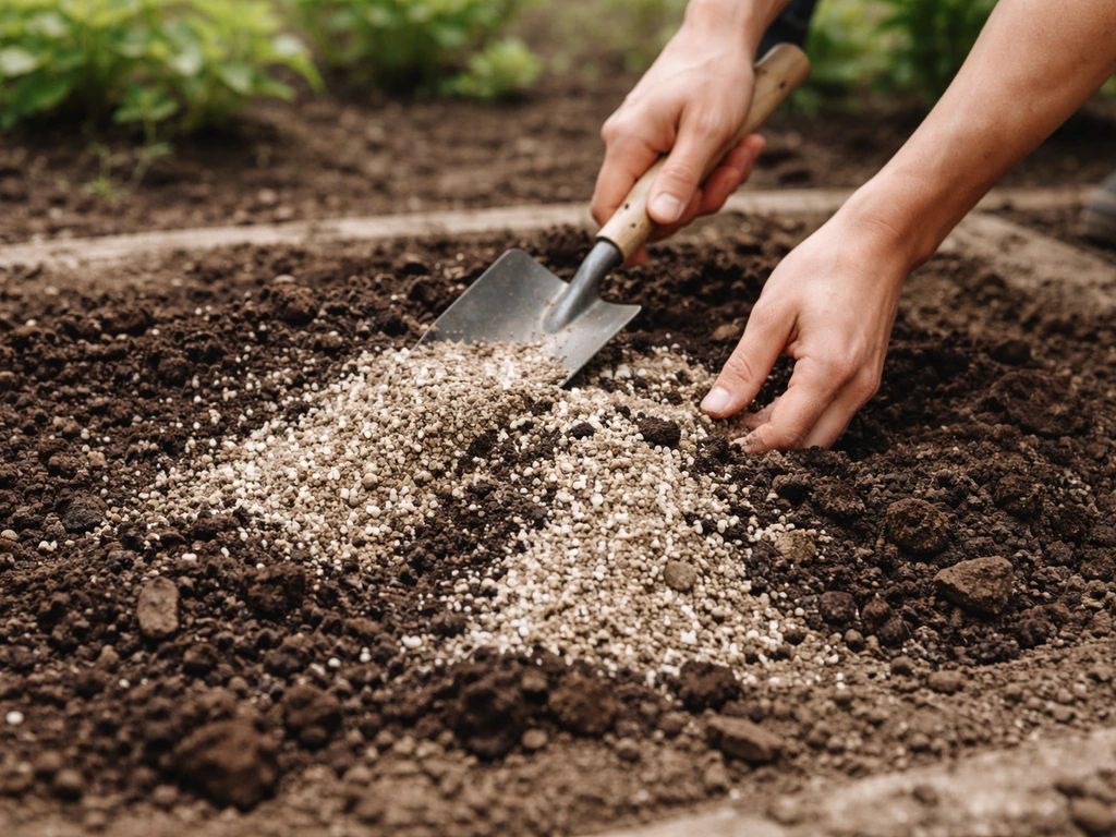 Mains anonymes étalant sable grossier et perlite dans une couche de compost au potager.
