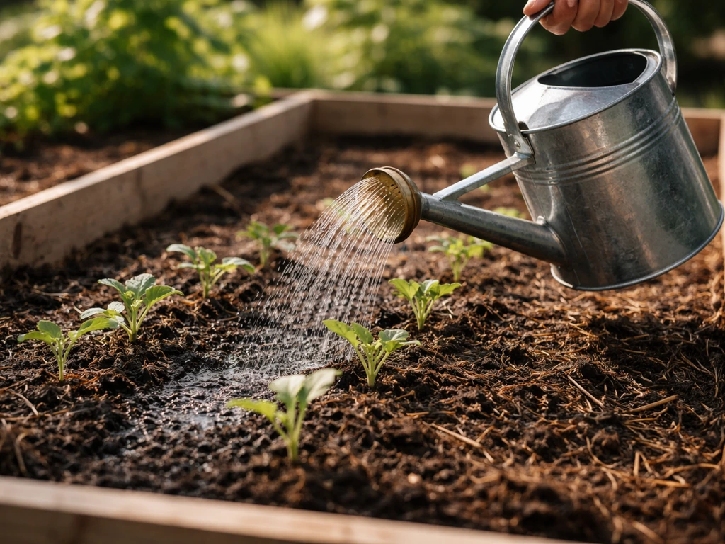 Arrosoir arrosant le pied de jeunes plants dans un potager no-dig, couche organique humide en surface