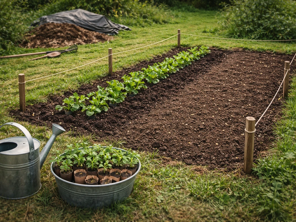 Parcelle de potager fraîchement préparée avec piquets, arrosoir et jeunes plants, progression vers les premières récolte