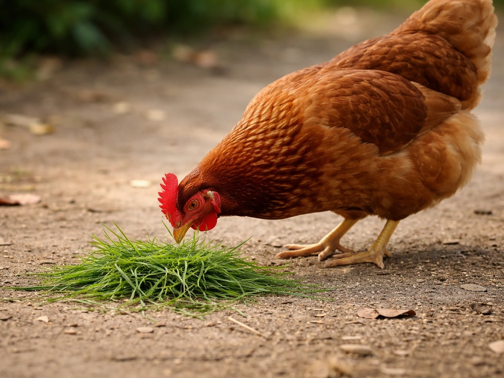 Une poule picore de l’herbe fraîchement coupée dans un petit jardin, ambiance naturelle.