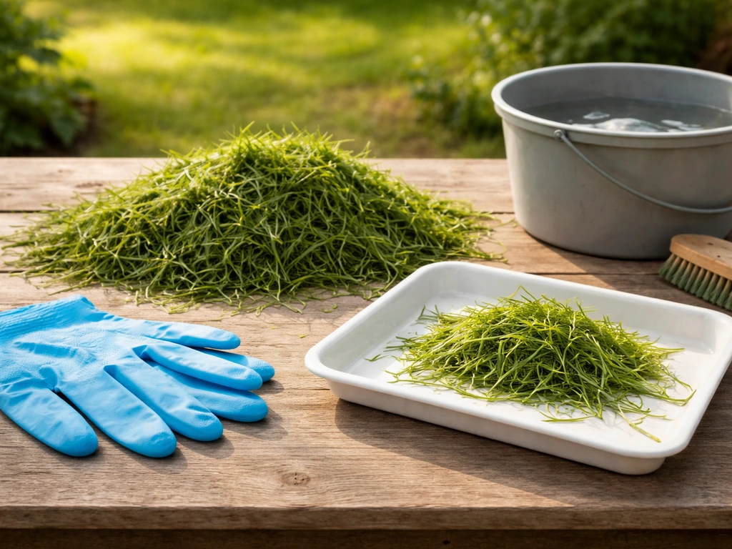 Petite portion d’herbe coupée fraîche, aérée, préparée sur une table de jardin, sans texte ni logos.