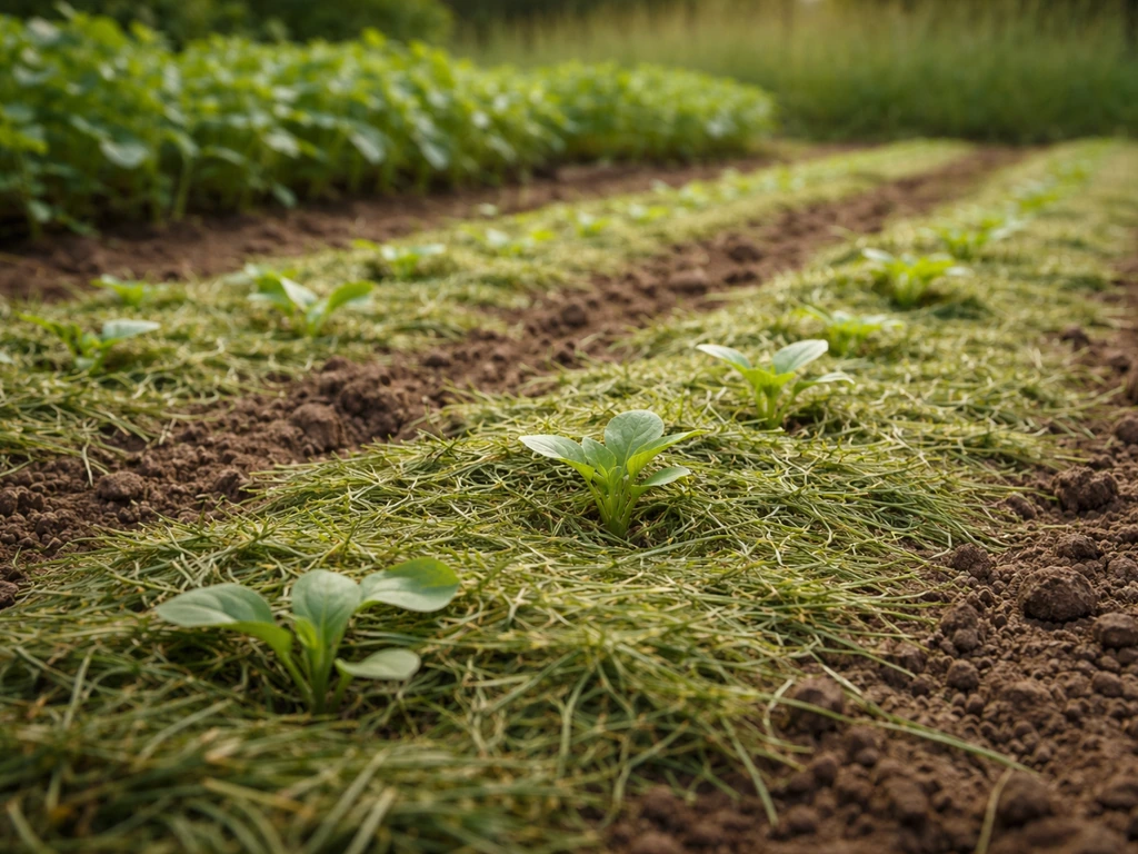 Couche fine d’herbe coupée en paillis au potager, entre de jeunes plants, sol visible et lumière naturelle.