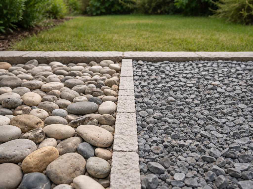 Comparaison au sol entre galets roulés dispersés et gravier concassé plus compact en bordure de jardin.