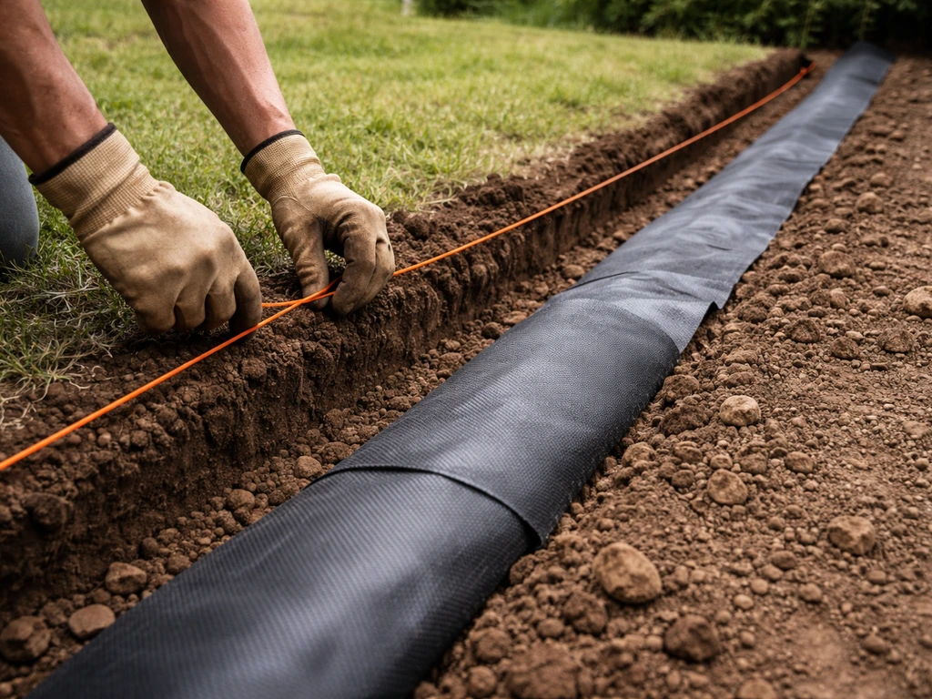 Mains posant un cordeau et un géotextile dans une rainure fraîche, pour une barrière anti-repousse.