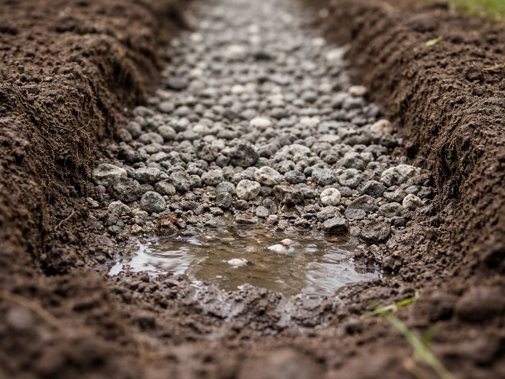 Graviers détrempés dans une tranchée de jardin, eau stagnante et terre boueuse au fond.