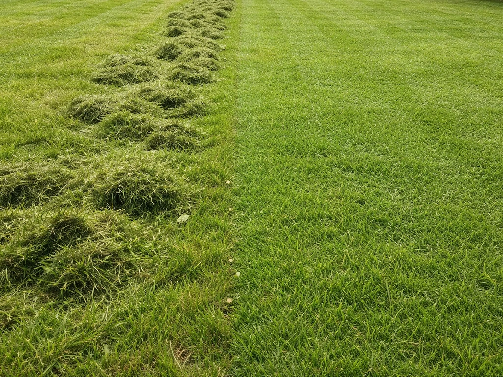 Pelouse divisée : paquets d’herbe agglomérés d’un côté, herbe coupée finement répartie de l’autre.