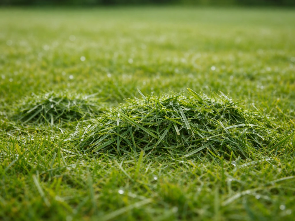 Gros plan d’herbe fraîchement coupée et humide qui s’agglomère en paquets compacts.