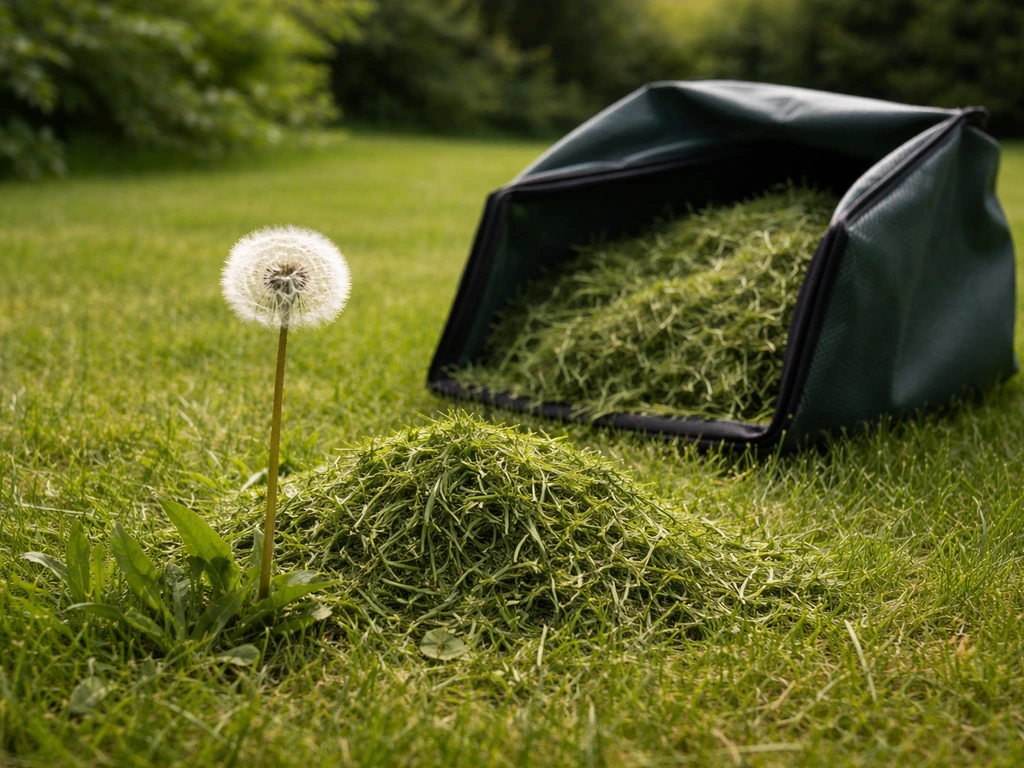 Pelouse avec pissenlit à graines (graines visibles) et déchets de tonte posés près d’un sac, sans texte.
