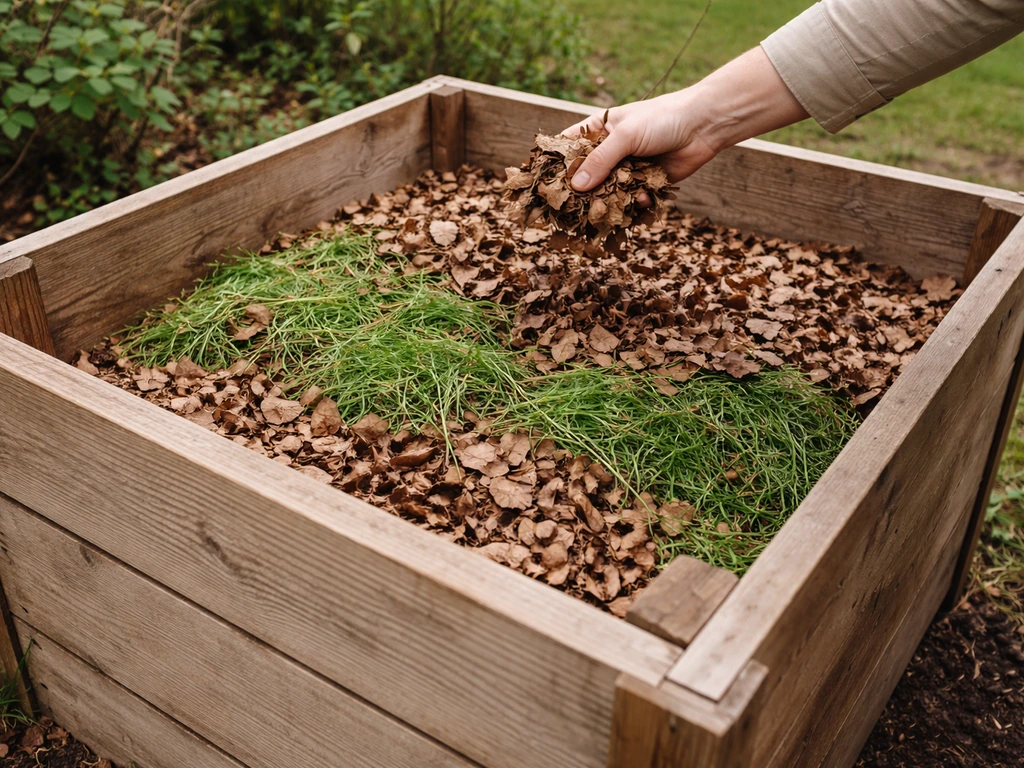 Bac de compost avec couches alternées d’herbe tondue et feuilles brunes, geste de compostage simple