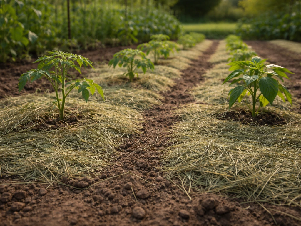 Herbe coupée sèche étalée en fine couche au pied de plants au potager, sol brun et vert discret.