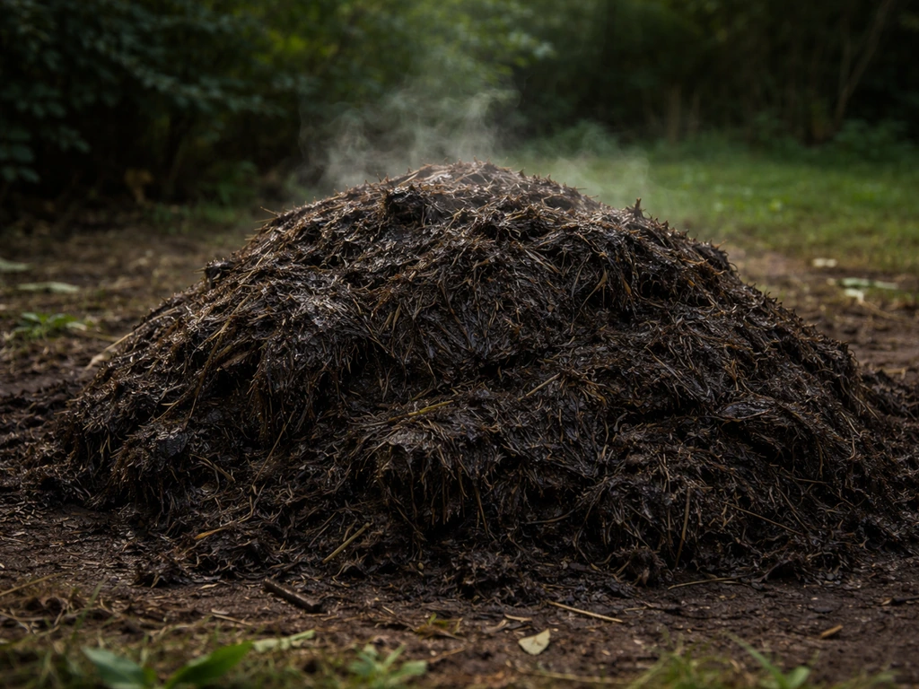 Tas d’herbe coupée sombre en fermentation avancée avec légère vapeur dans un jardin.