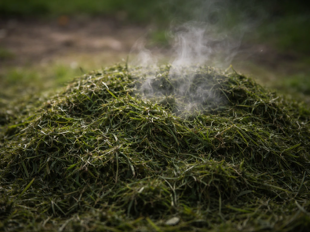 Tas d’herbe fraîchement tondue qui s’échauffe, avec légère vapeur au sol, vue rapprochée et naturelle.
